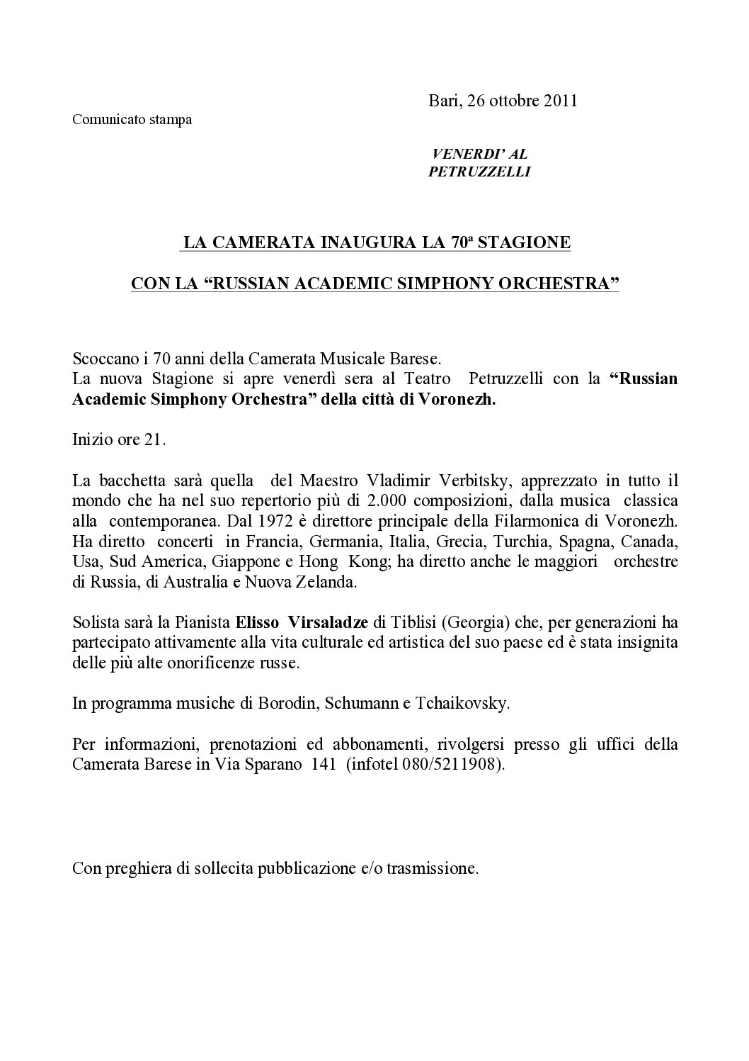 LA CAMERATA INAUGURA LA 70ª STAGIONE CON LA “RUSSIAN ACADEMIC SIMPHONY ORCHESTRA”