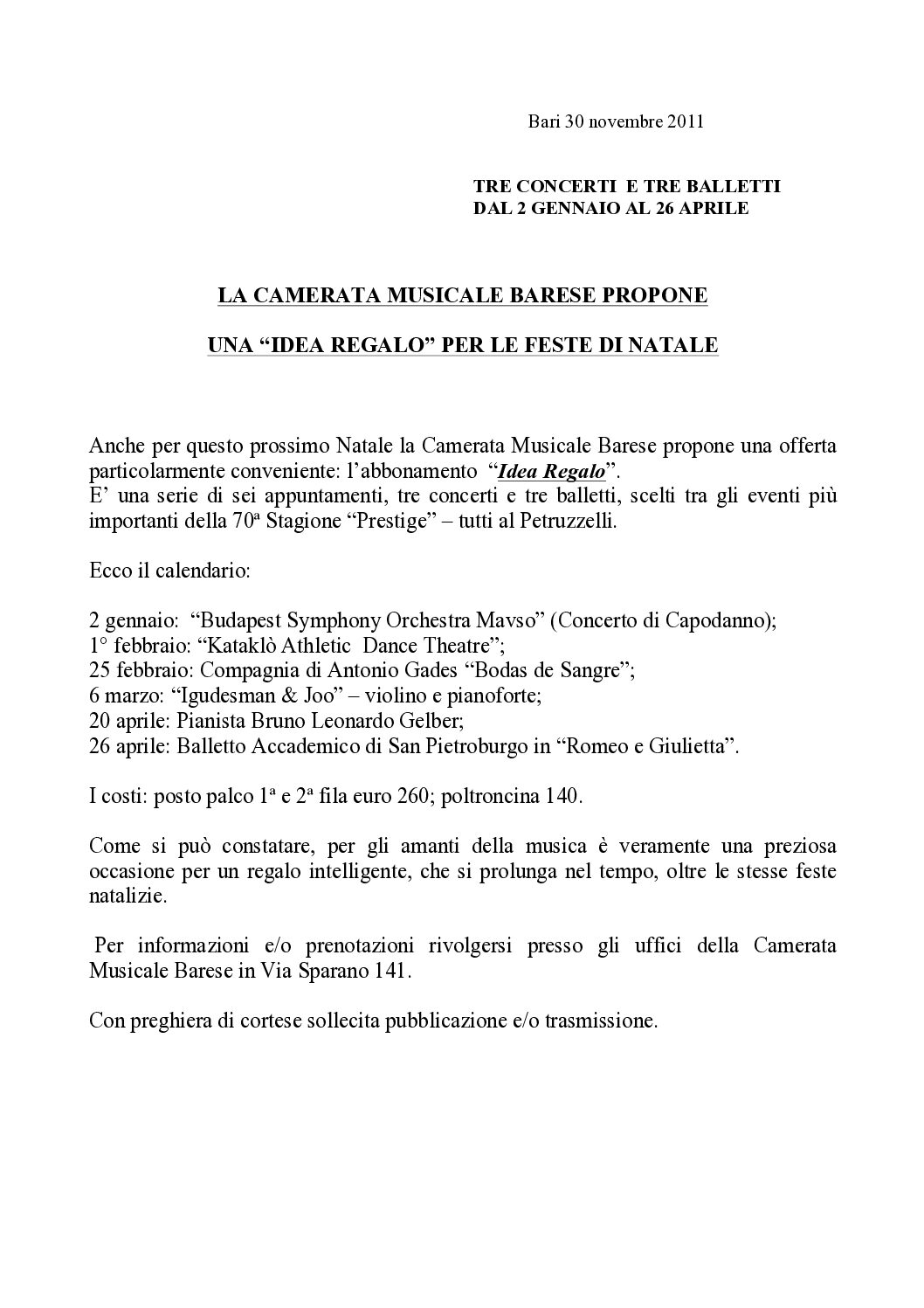 LA CAMERATA MUSICALE BARESE PROPONE UNA “IDEA REGALO” PER LE FESTE DI NATALE