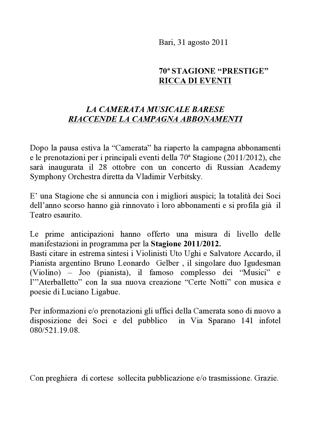 LA CAMERATA MUSICALE BARESE RIACCENDE LA CAMPAGNA ABBONAMENTI