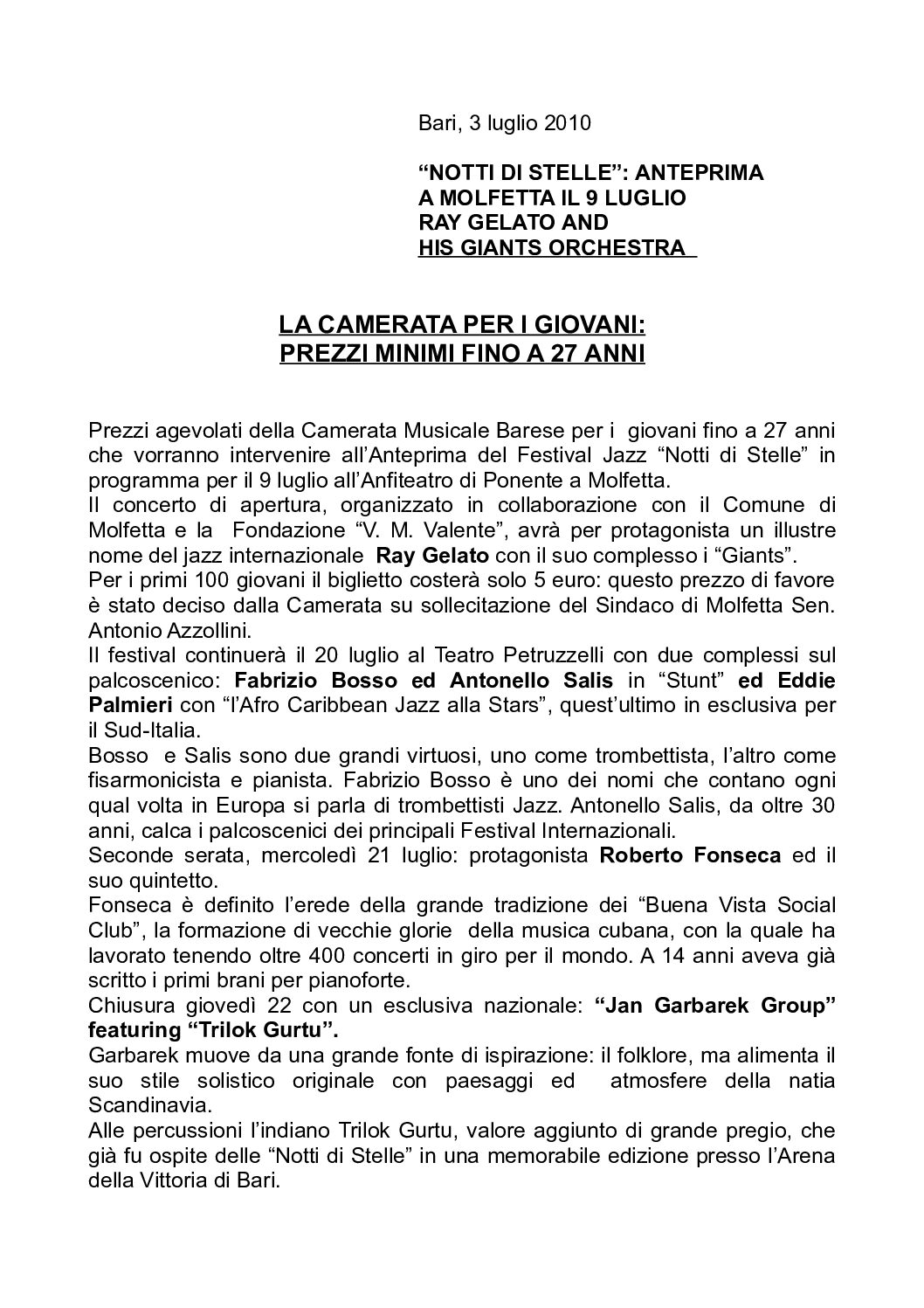 LA CAMERATA PER I GIOVANI: PREZZI MINIMI FINO A 27 ANNI