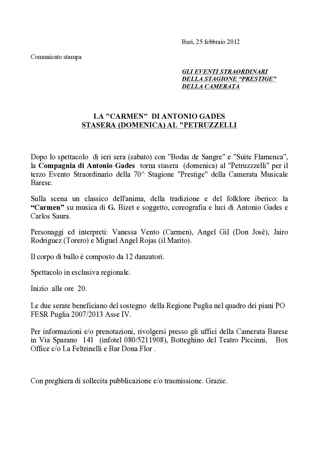 LA "CARMEN" DI ANTONIO GADES STASERA (DOMENICA) AL PETRUZZELLI