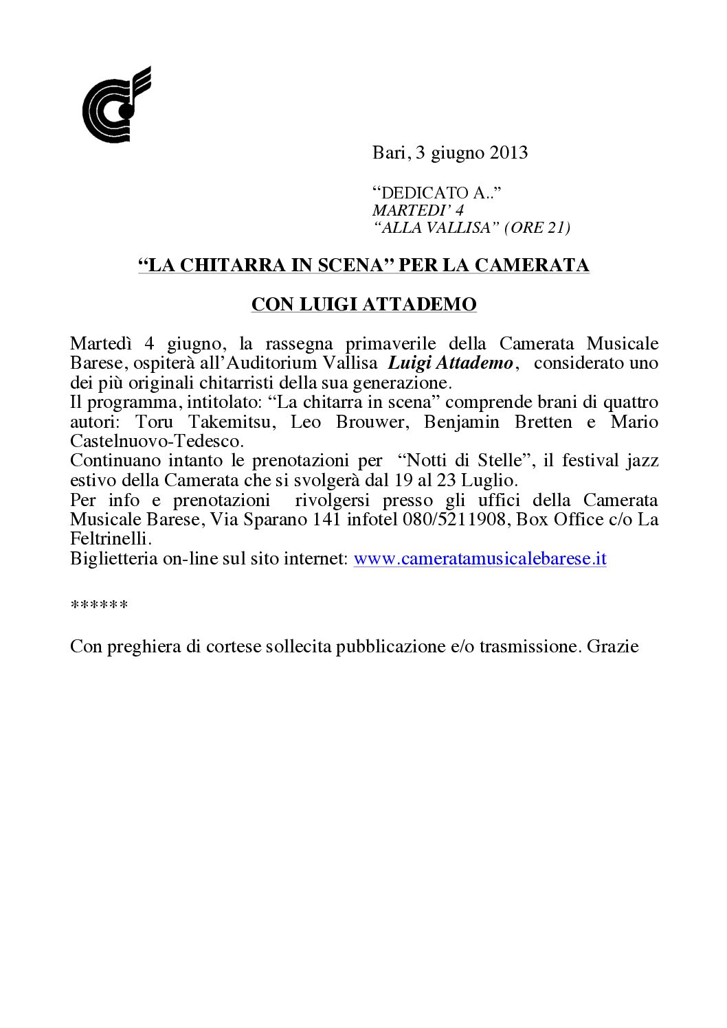 “LA CHITARRA IN SCENA” PER LA CAMERATA CON LUIGI ATTADEMO