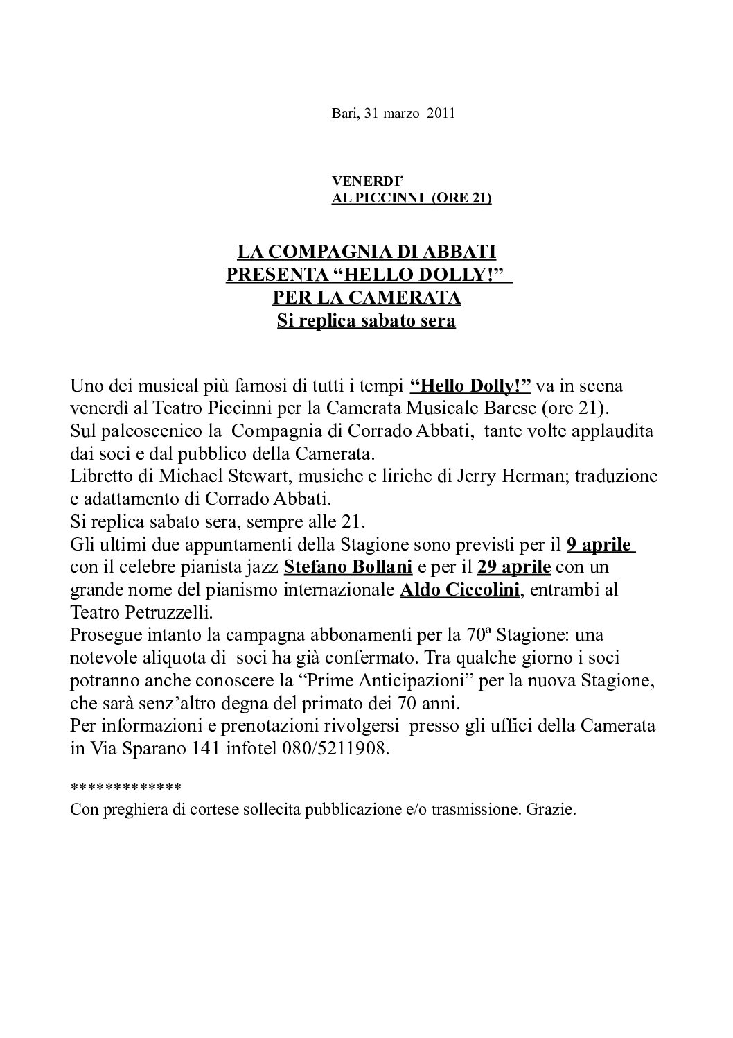 LA COMPAGNIA DI ABBATI PRESENTA “HELLO DOLLY!” PER LA CAMERATA Si replica sabato sera