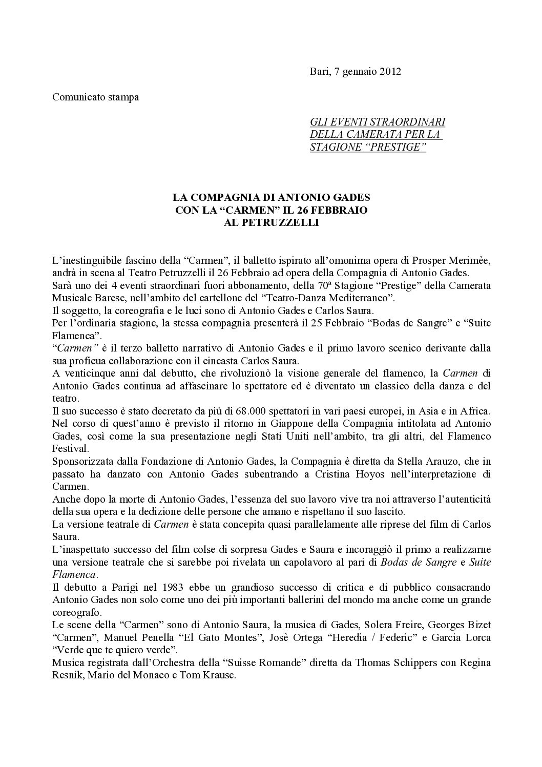 LA COMPAGNIA DI ANTONIO GADES CON LA “CARMEN” IL 26 FEBBRAIO AL PETRUZZELLI