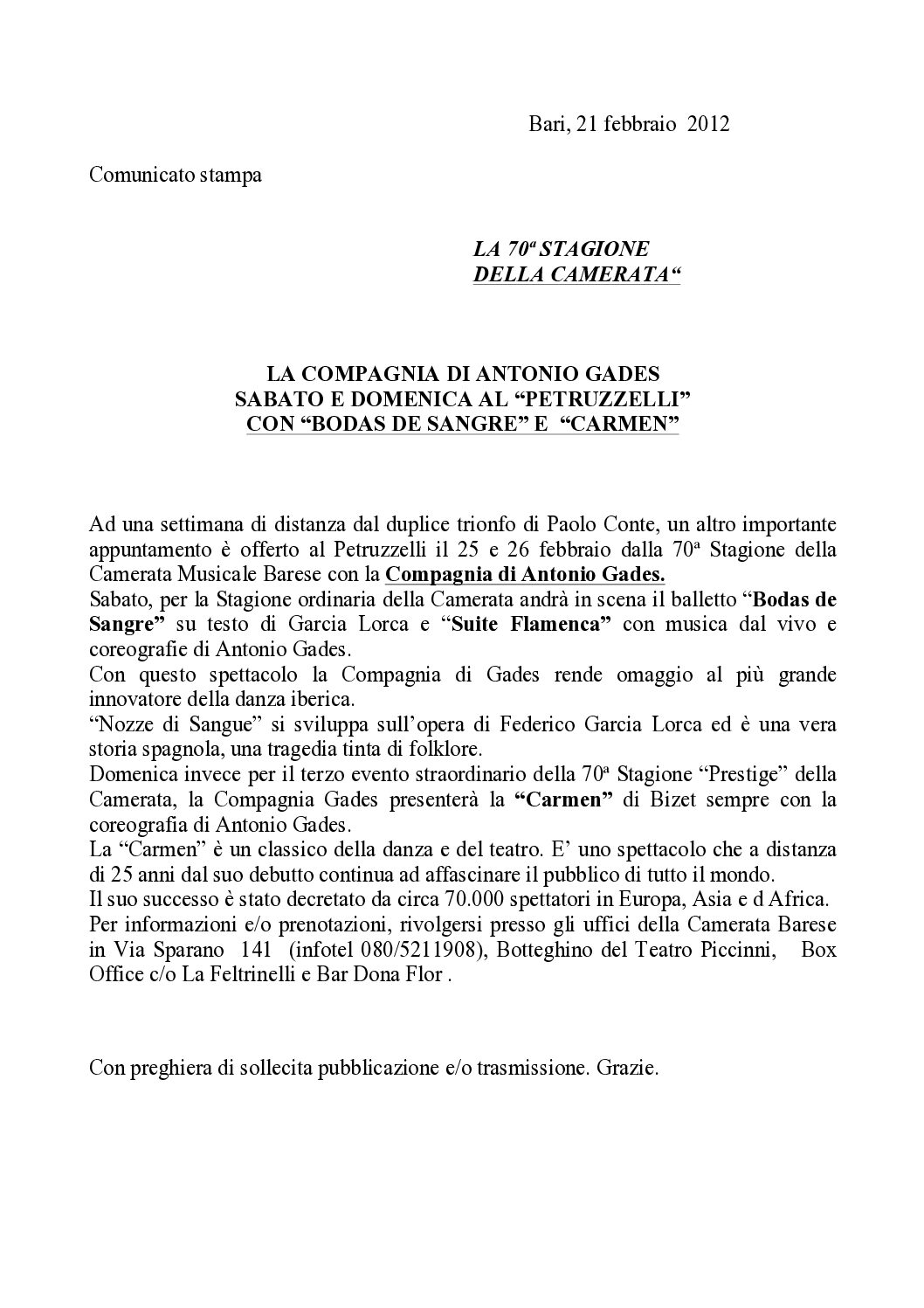LA COMPAGNIA DI ANTONIO GADES SABATO E DOMENICA AL “PETRUZZELLI” CON “BODAS DE SANGRE” E “CARMEN”