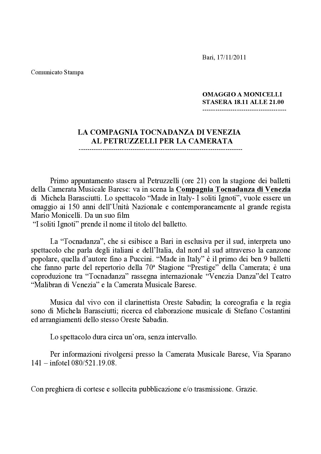 LA COMPAGNIA TOCNADANZA DI VENEZIA AL PETRUZZELLI PER LA CAMERATA