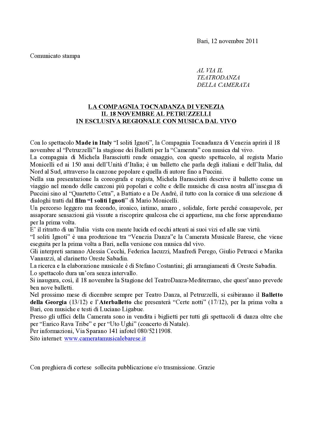 LA COMPAGNIA TOCNADANZA DI VENEZIA IL 18 NOVEMBRE AL PETRUZZELLI IN ESCLUSIVA REGIONALE CON MUSICA DAL VIVO