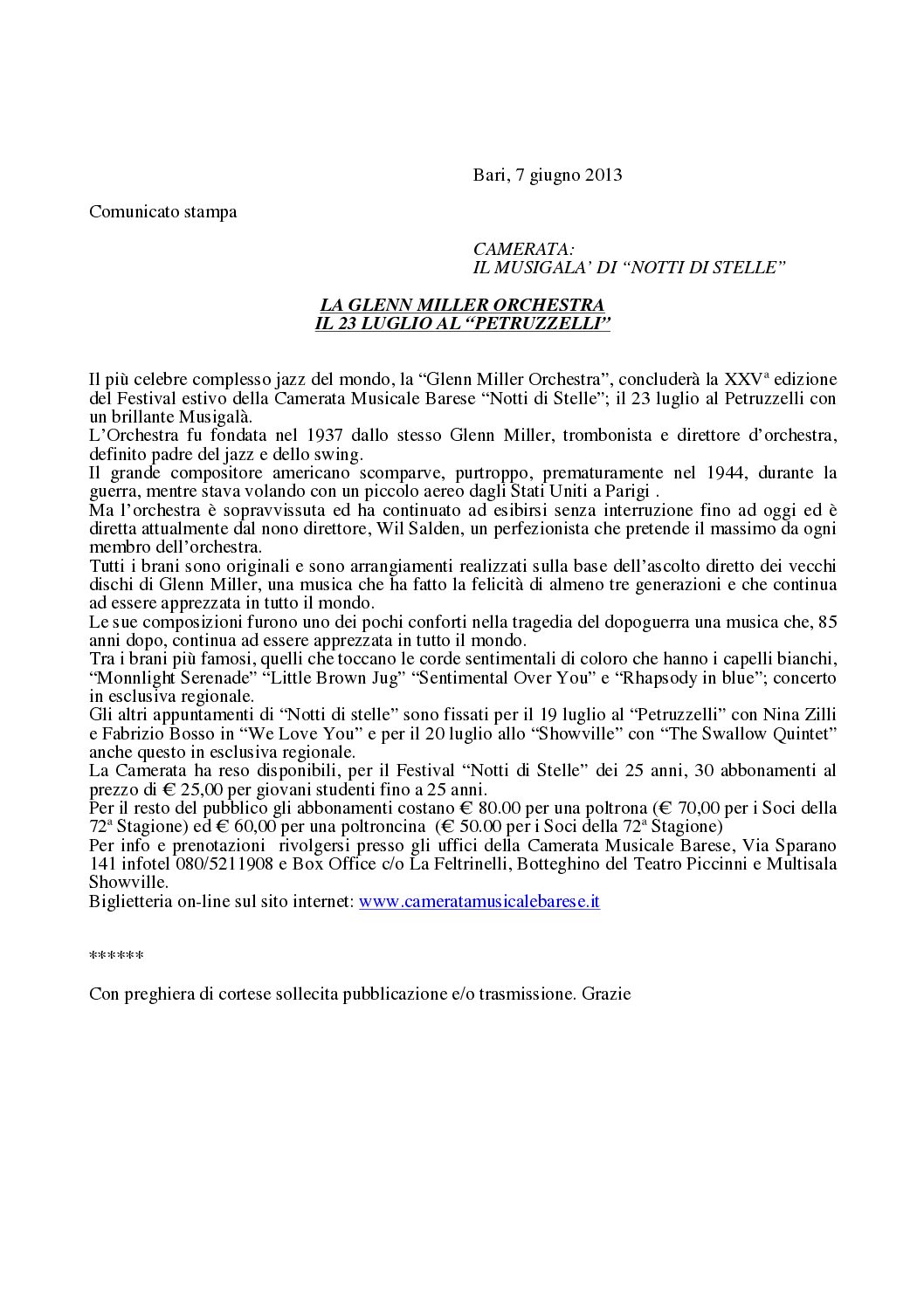 LA GLENN MILLER ORCHESTRA IL 23 LUGLIO AL “PETRUZZELLI”