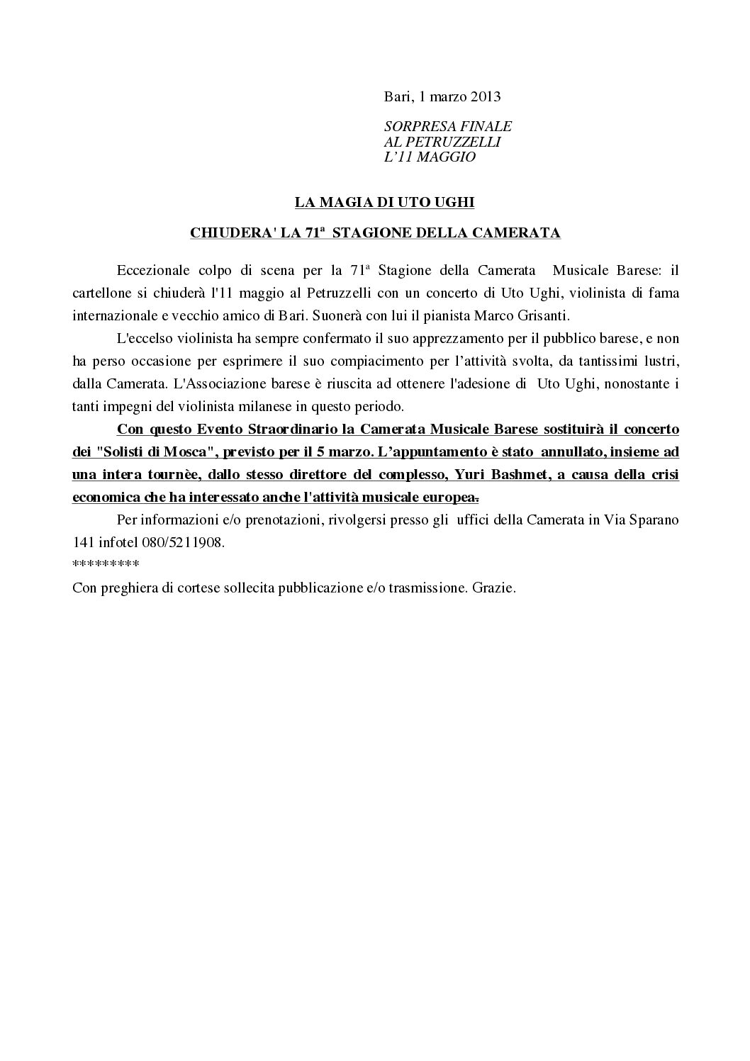 LA MAGIA DI UTO UGHI CHIUDERA' LA 71° STAGIONE DELLA CAMERATA