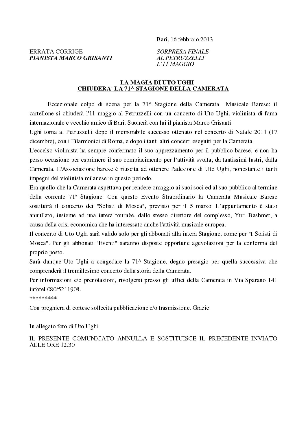 LA MAGIA DI UTO UGHI CHIUDERA' LA 71° STAGIONE DELLA CAMERATA