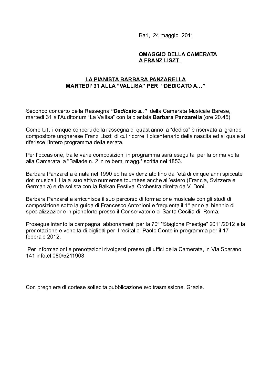 LA PIANISTA BARBARA PANZARELLA MARTEDI’ 31 ALLA “VALLISA” PER “DEDICATO A…”