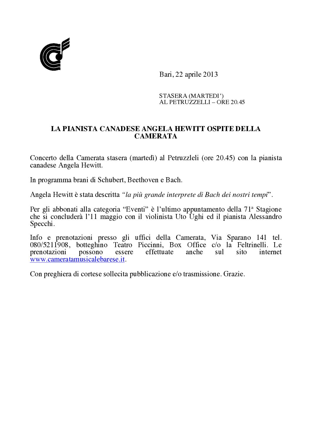 LA PIANISTA CANADESE ANGELA HEWITT OSPITE DELLA CAMERATA