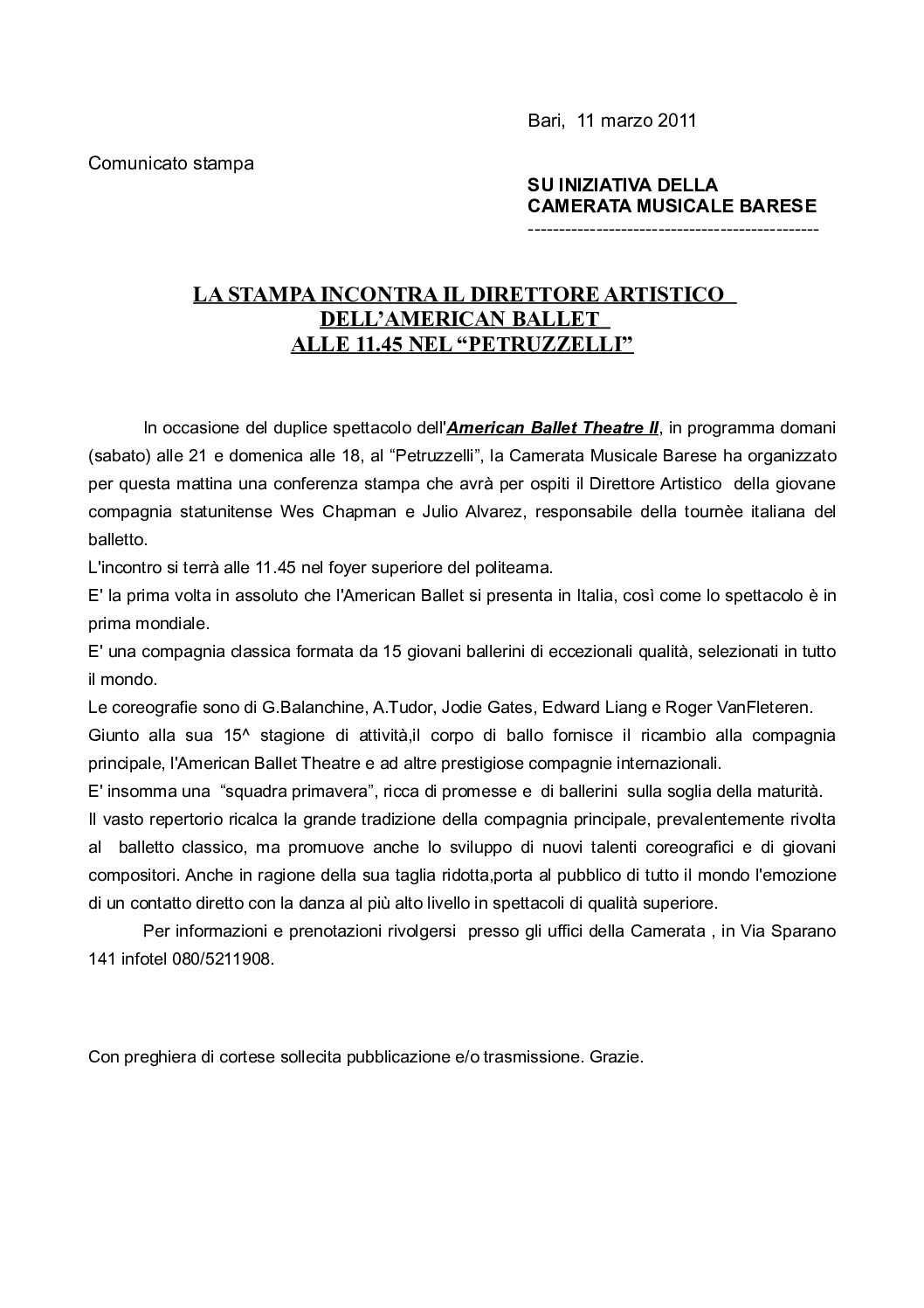 LA STAMPA INCONTRA IL DIRETTORE ARTISTICO DELL’AMERICAN BALLET ALLE 11.45 NEL “PETRUZZELLI”