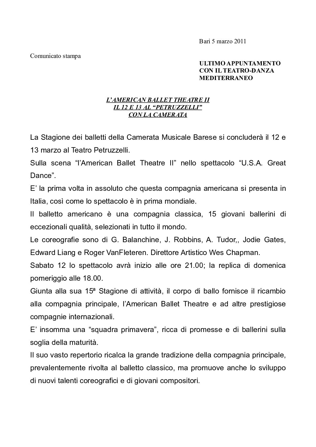 L’AMERICAN BALLET THEATRE II IL 12 E 13 AL “PETRUZZELLI” CON LA CAMERATA