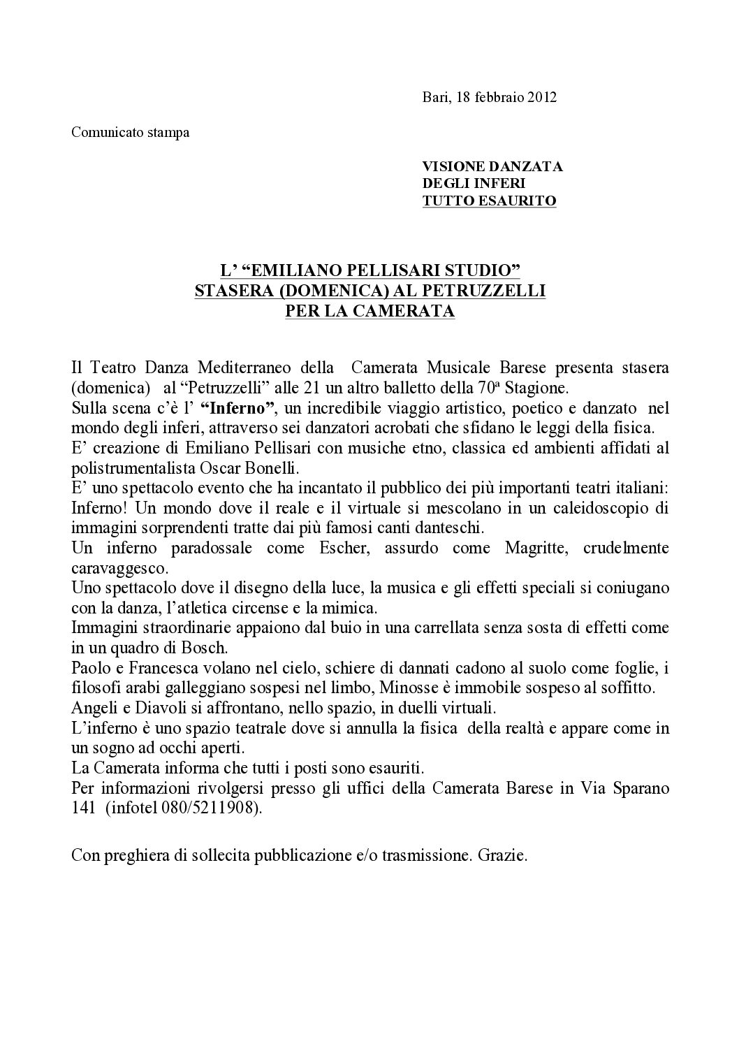 L’“EMILIANO PELLISARI STUDIO” STASERA (DOMENICA) AL PETRUZZELLI PER LA CAMERATA