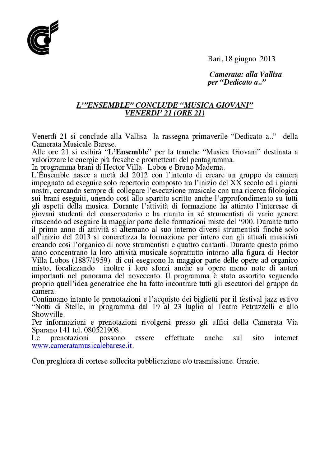 L’“ENSEMBLE” CONCLUDE “MUSICA GIOVANI” VENERDI’ 21 (ORE 21)