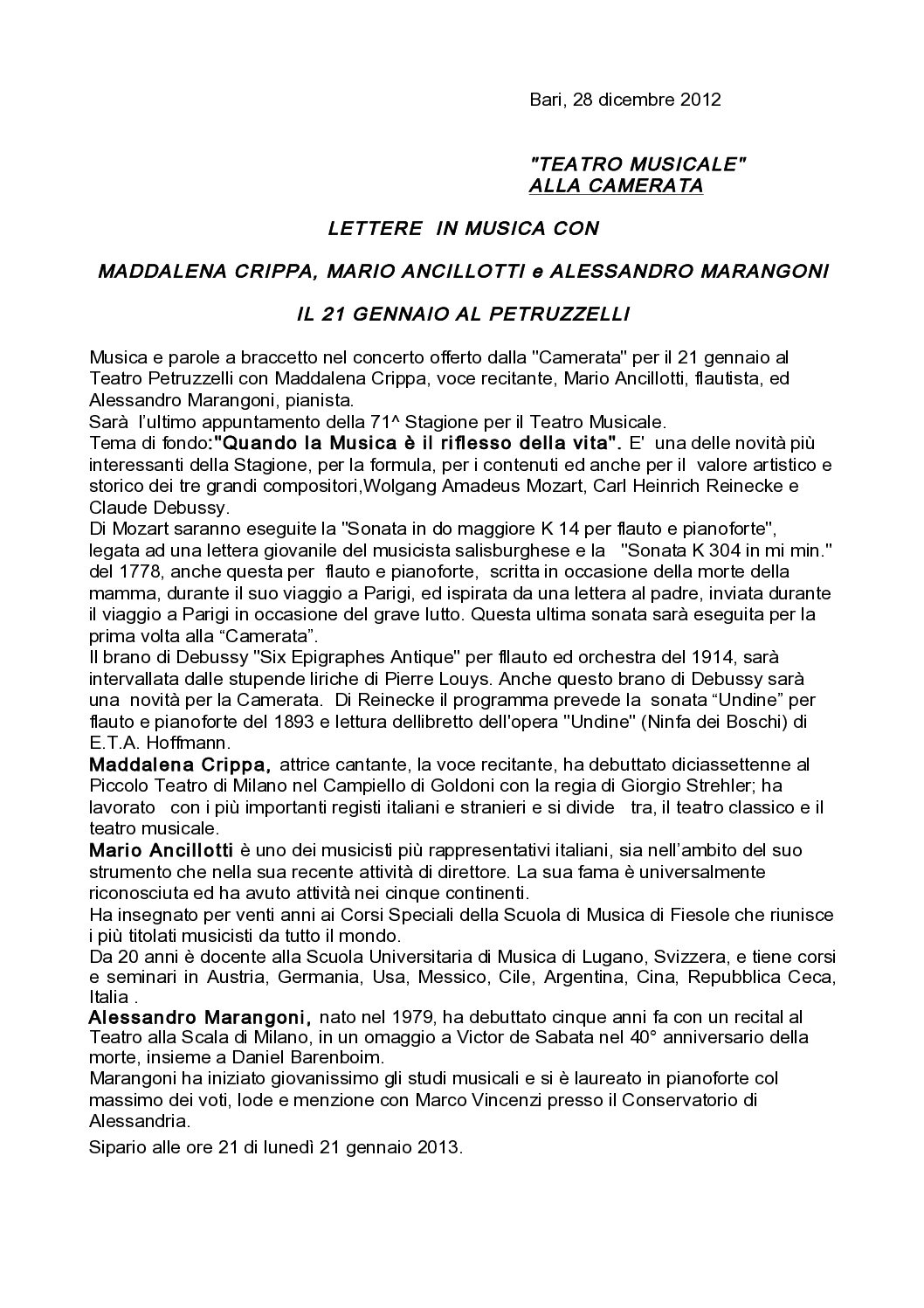 LETTERE IN MUSICA CON MADDALENA CRIPPA, MARIO ANCILLOTTI e ALESSANDRO MARANGONI IL 21 GENNAIO AL PETRUZZELLI