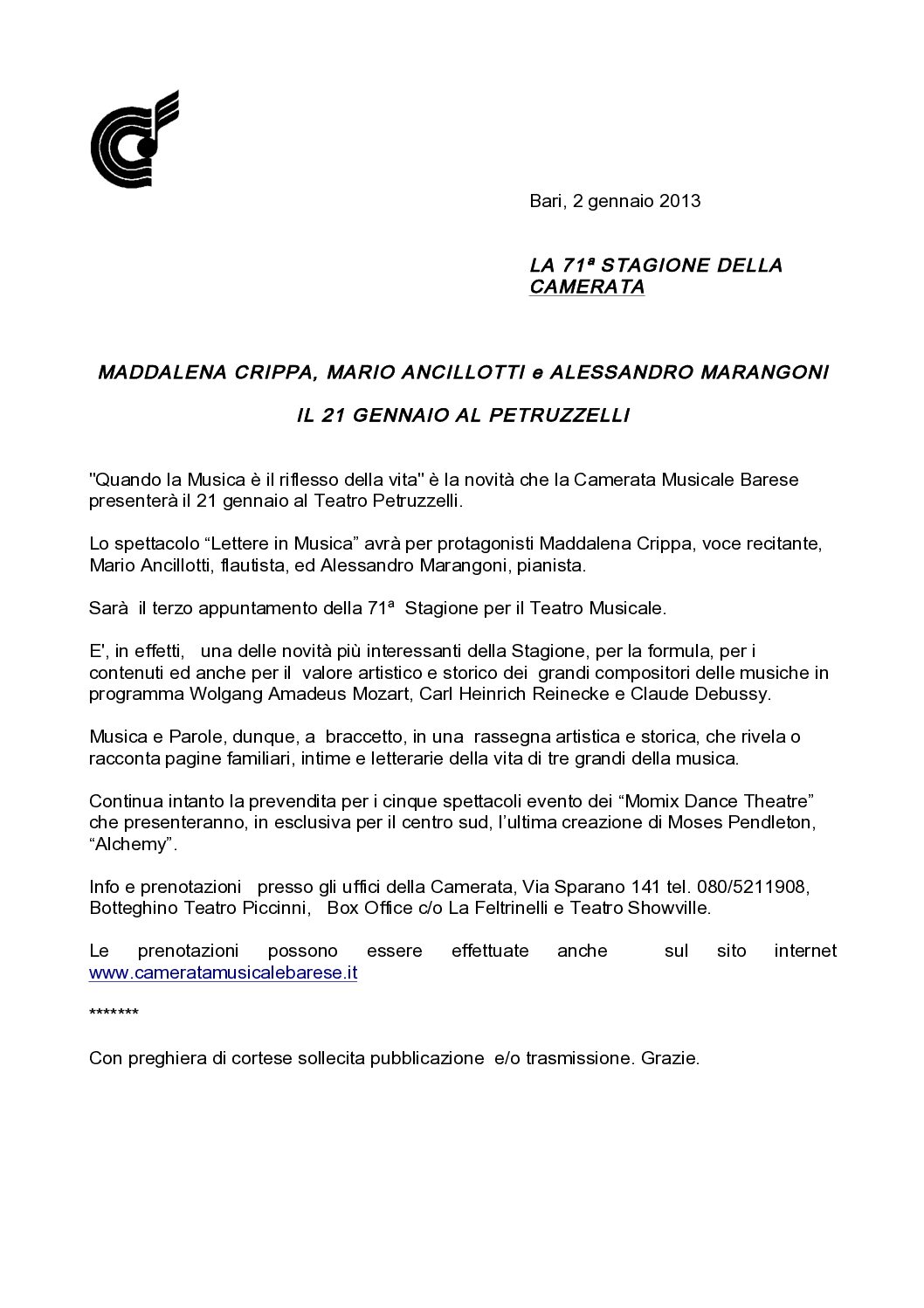 MADDALENA CRIPPA, MARIO ANCILLOTTI e ALESSANDRO MARANGONI IL 21 GENNAIO AL PETRUZZELLI
