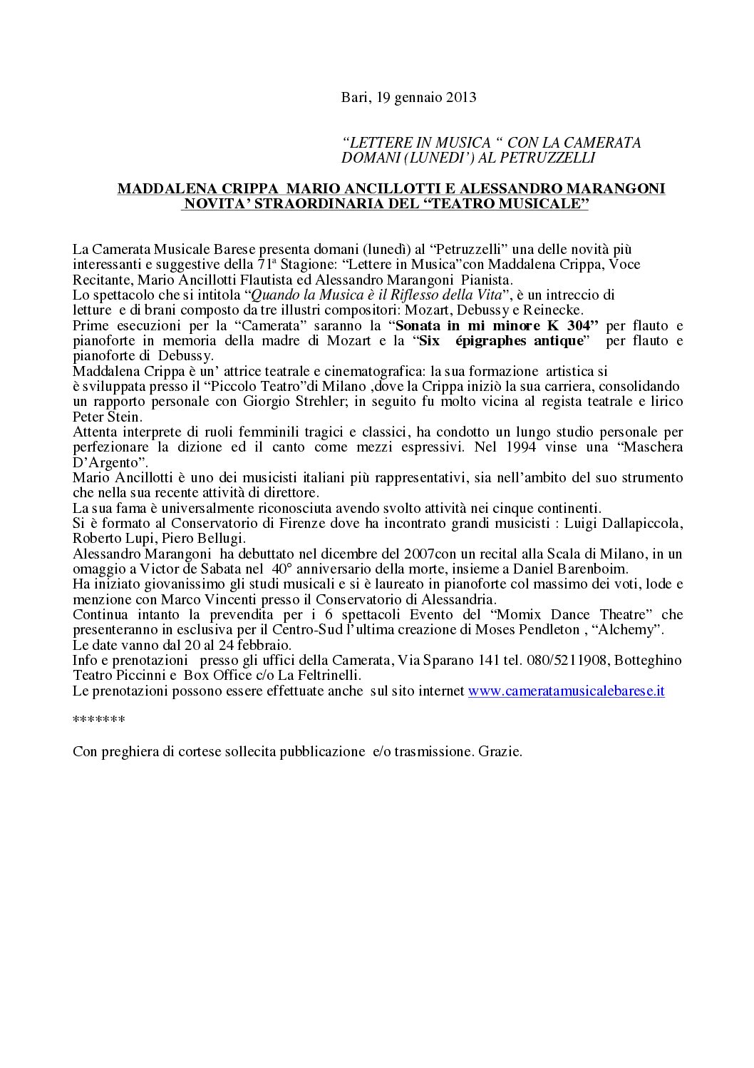 MADDALENA CRIPPA MARIO ANCILLOTTI E ALESSANDRO MARANGONI NOVITA’ STRAORDINARIA DEL “TEATRO MUSICALE”