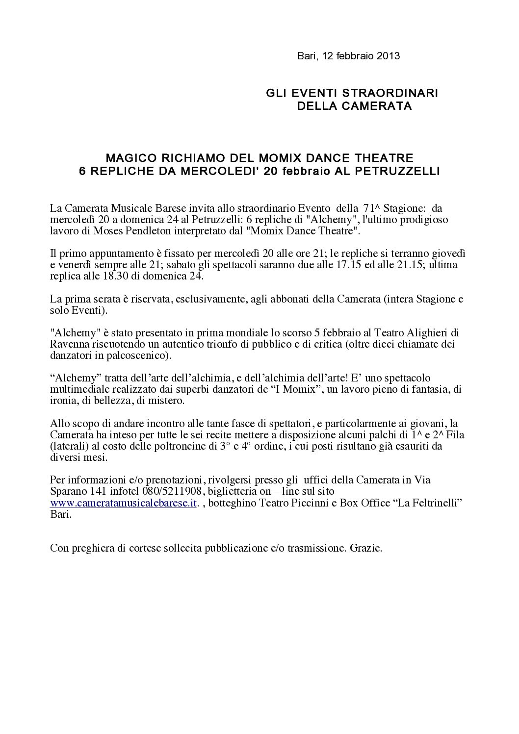 MAGICO RICHIAMO DEL MOMIX DANCE THEATRE 6 REPLICHE DA MERCOLEDI' 20 FEBBRAIO AL PETRUZZELLI