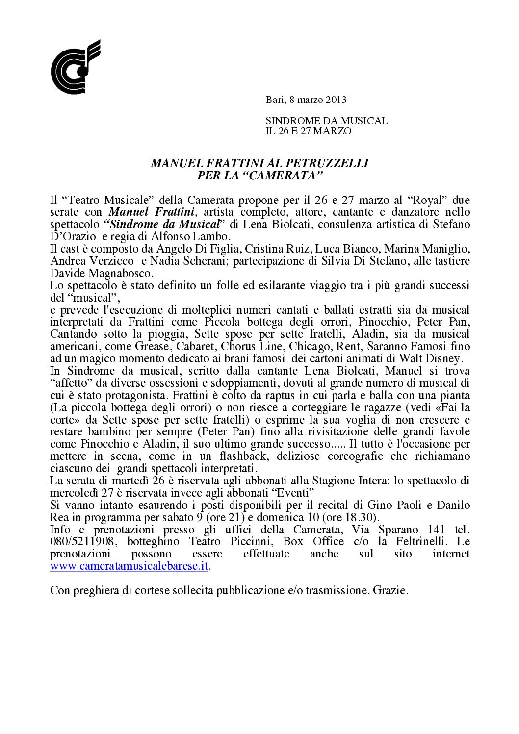 MANUEL FRATTINI AL PETRUZZELLI PER LA “CAMERATA”