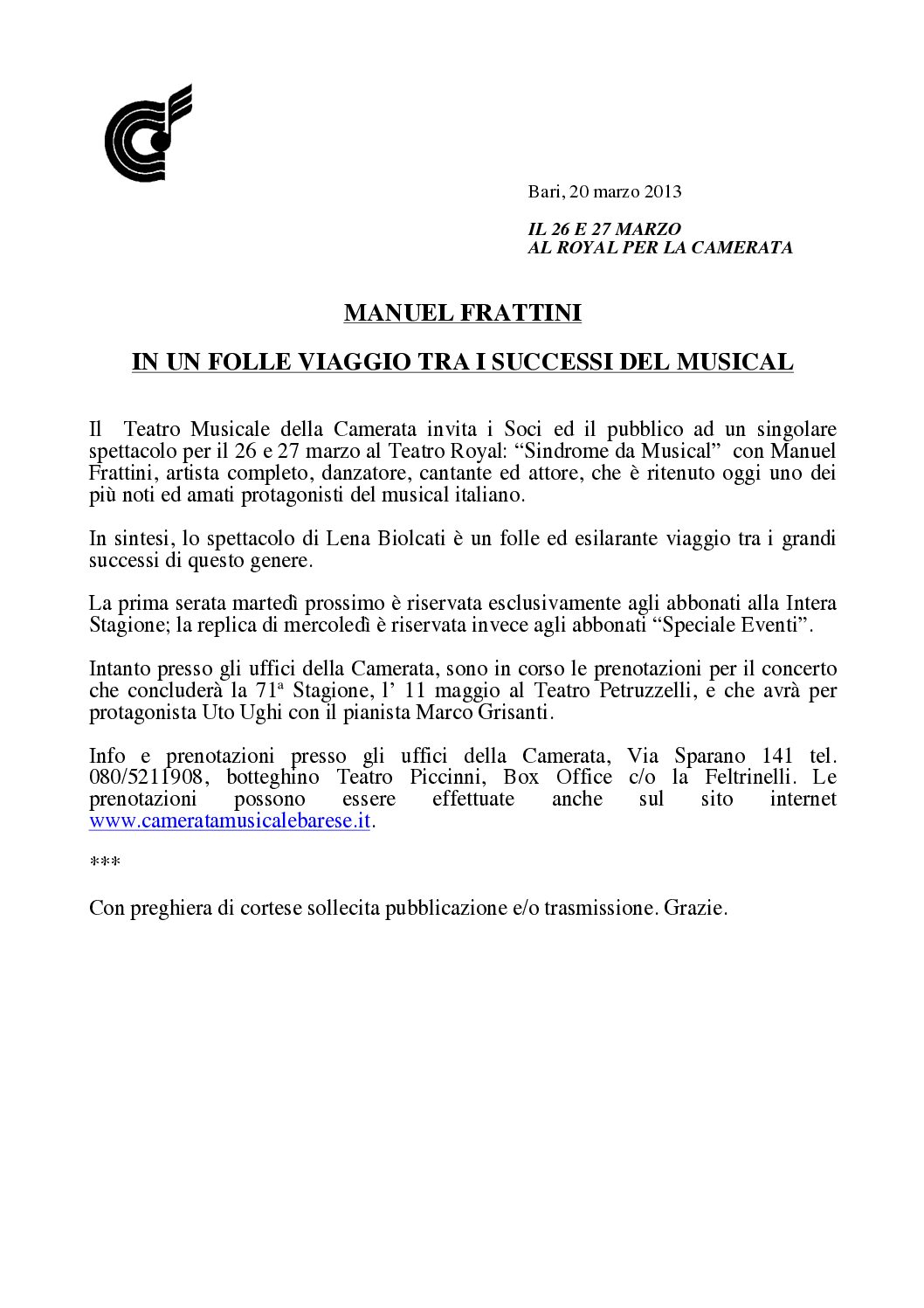 MANUEL FRATTINI IN UN FOLLE VIAGGIO TRA I SUCCESSI DEL MUSICAL