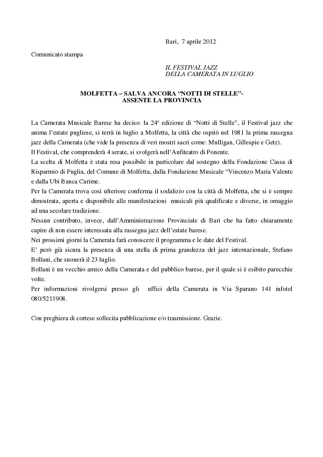 MOLFETTA - SALVA ANCORA “NOTTI DI STELLE”- ASSENTE LA PROVINCIA