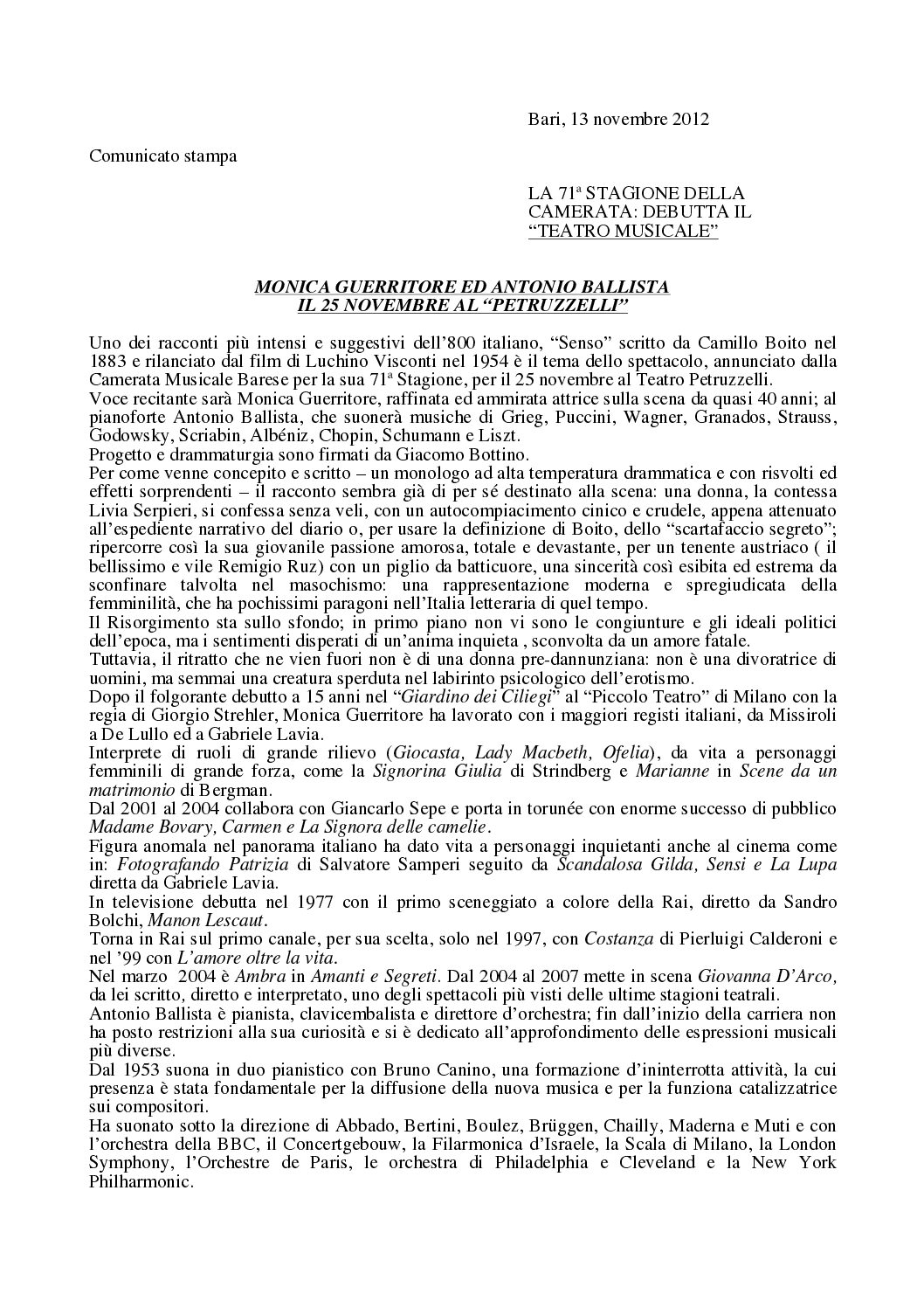 MONICA GUERRITORE ED ANTONIO BALLISTA IL 25 NOVEMBRE AL "PETRUZZELLI"