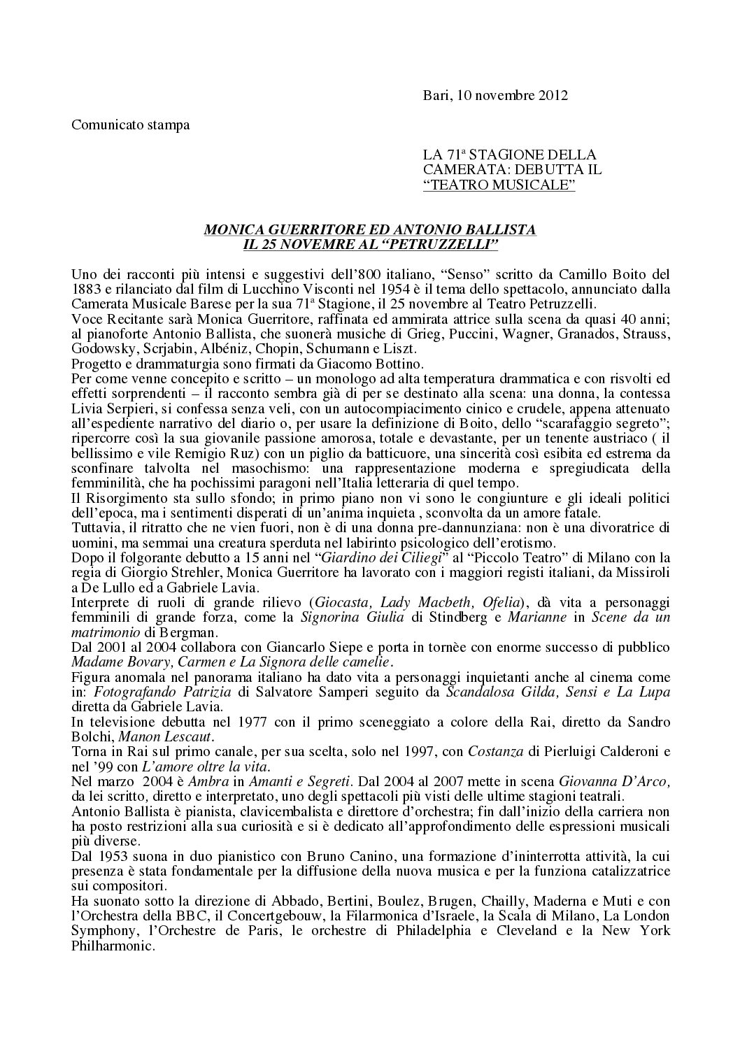 MONICA GUERRITORE ED ANTONIO BALLISTA IL 25 NOVEMRE AL “PETRUZZELLI”
