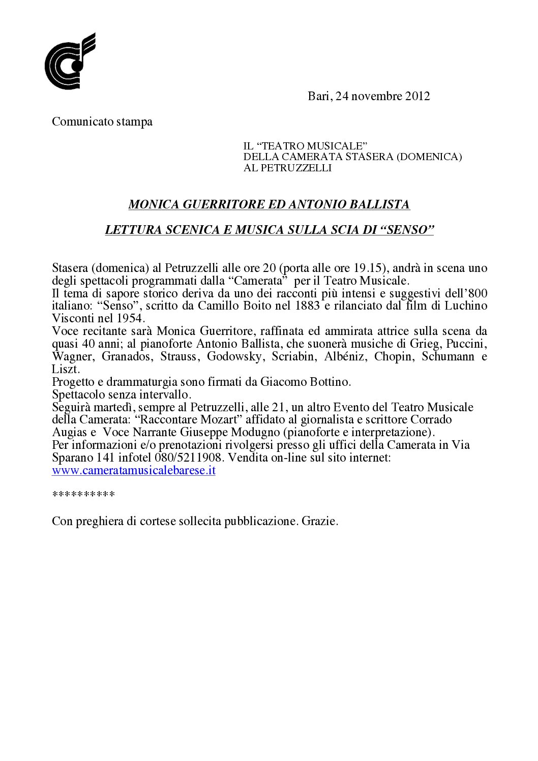 MONICA GUERRITORE ED ANTONIO BALLISTA LETTURA SCENICA E MUSICA SULLA SCIA DI “SENSO”