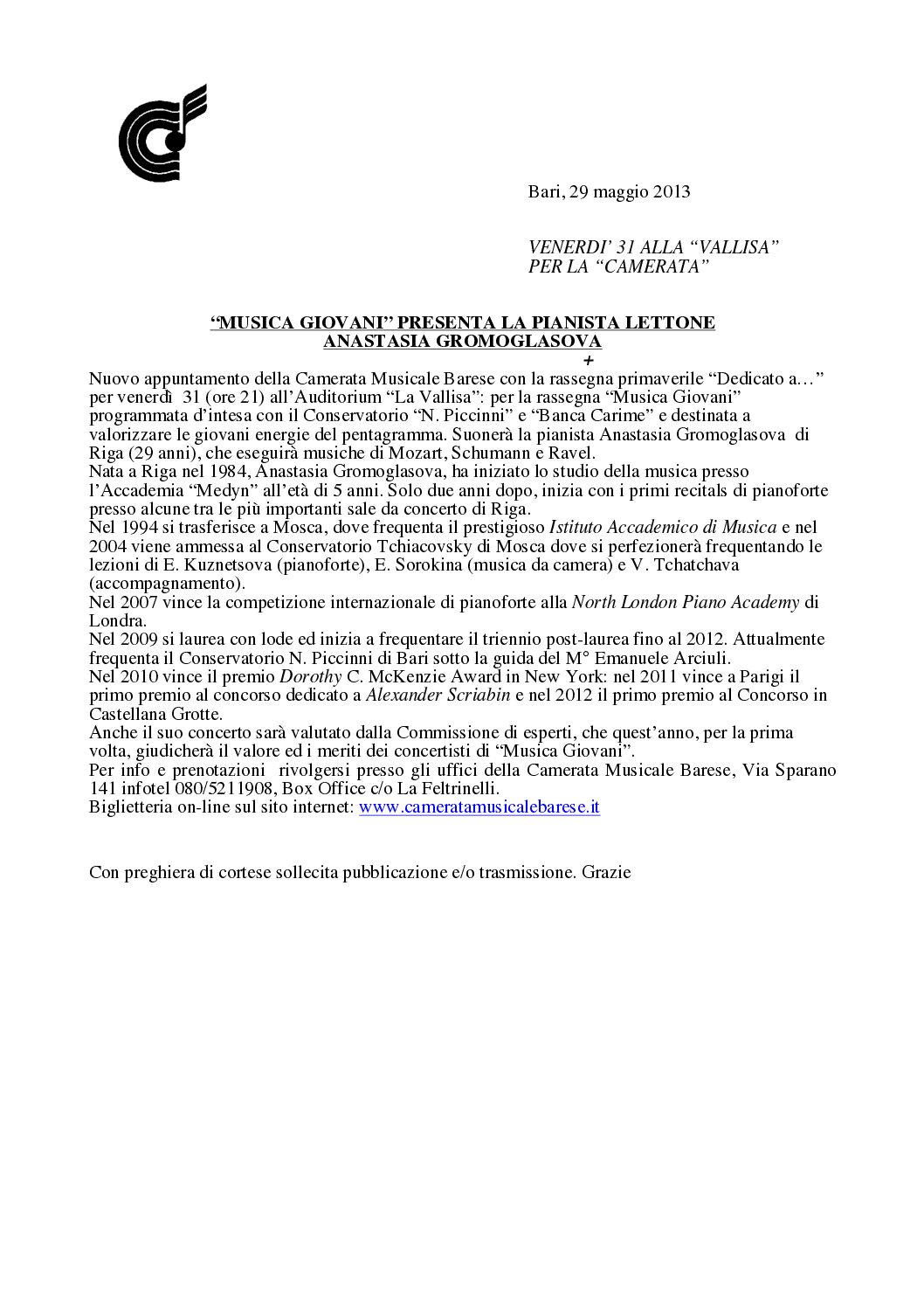 “MUSICA GIOVANI” PRESENTA LA PIANISTA LETTONE ANASTASIA GROMOGLASOVA