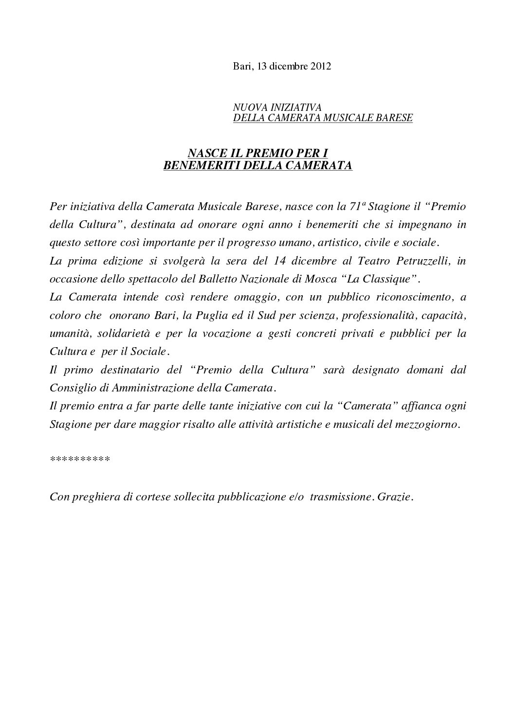 NASCE IL PREMIO PER I BENEMERITI DELLA CAMERATA