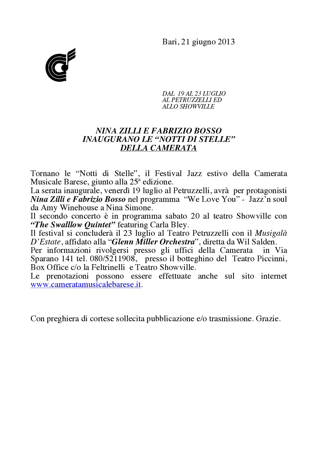 NINA ZILLI E FABRIZIO BOSSO INAUGURANO LE “NOTTI DI STELLE” DELLA CAMERATA