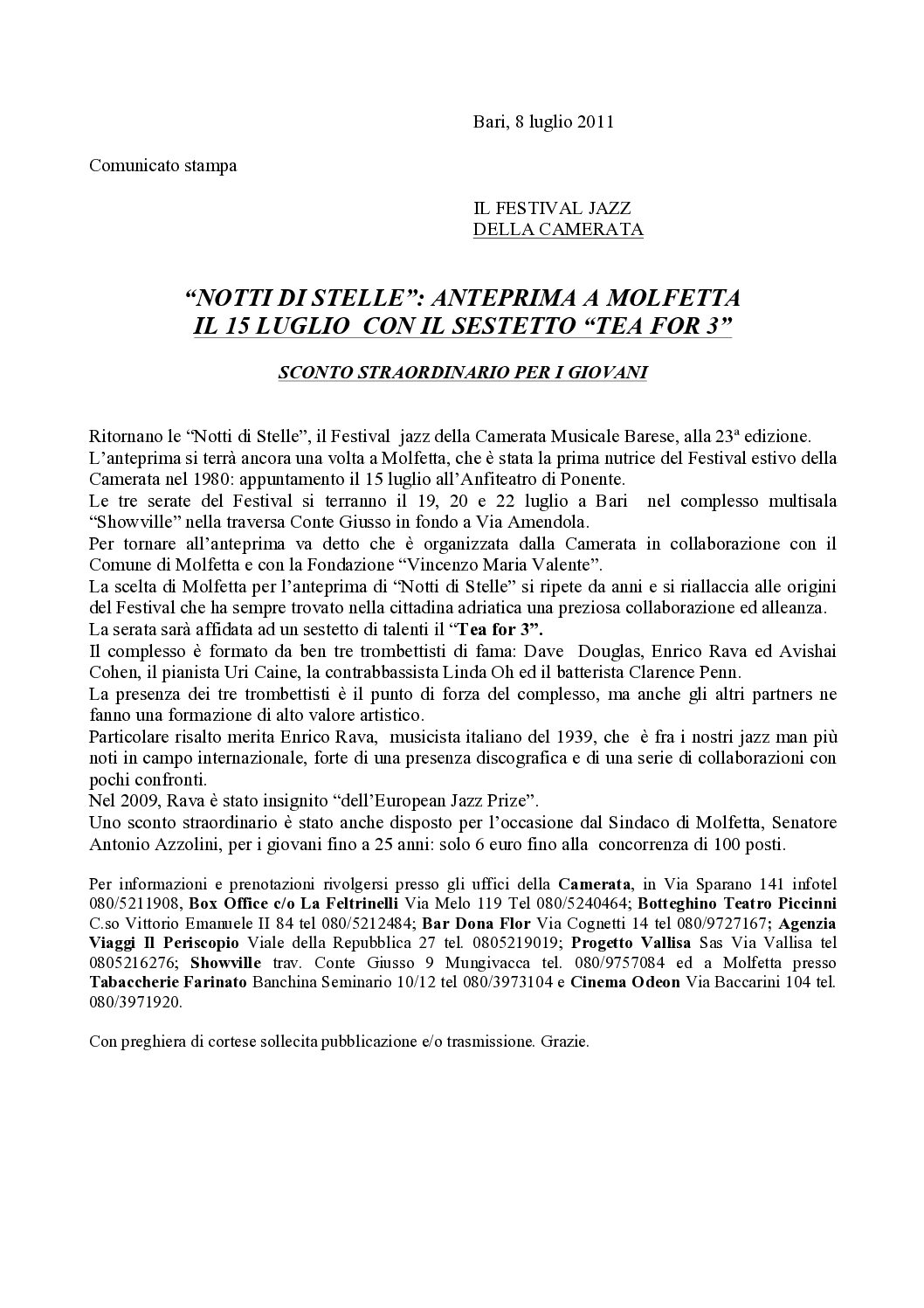 “NOTTI DI STELLE”: ANTEPRIMA A MOLFETTA IL 15 LUGLIO CON IL SESTETTO “TEA FOR 3”