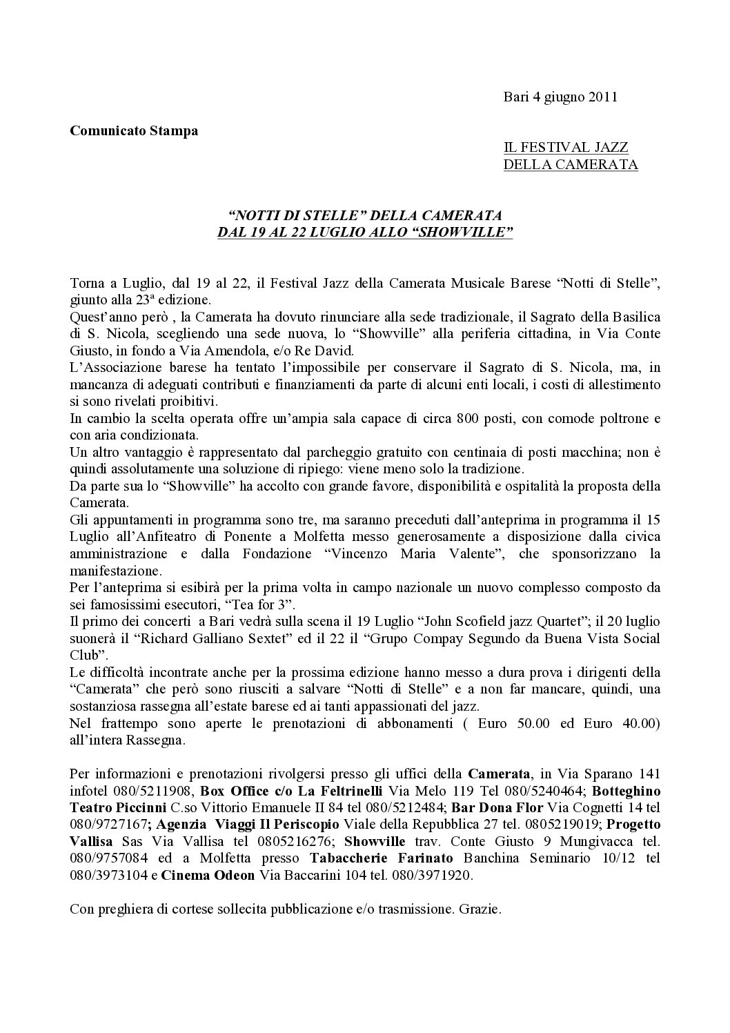 “NOTTI DI STELLE” DELLA CAMERATA DAL 19 AL 22 LUGLIO ALLO “SHOWVILLE”