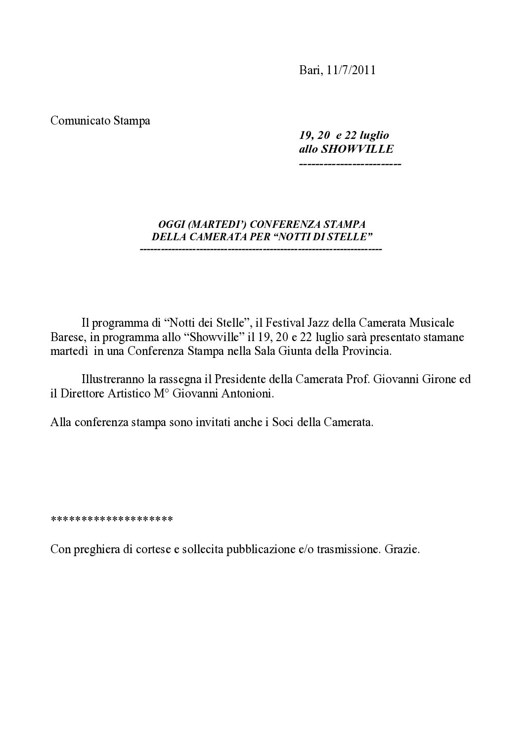 OGGI (MARTEDI’) CONFERENZA STAMPA DELLA CAMERATA PER “NOTTI DI STELLE”