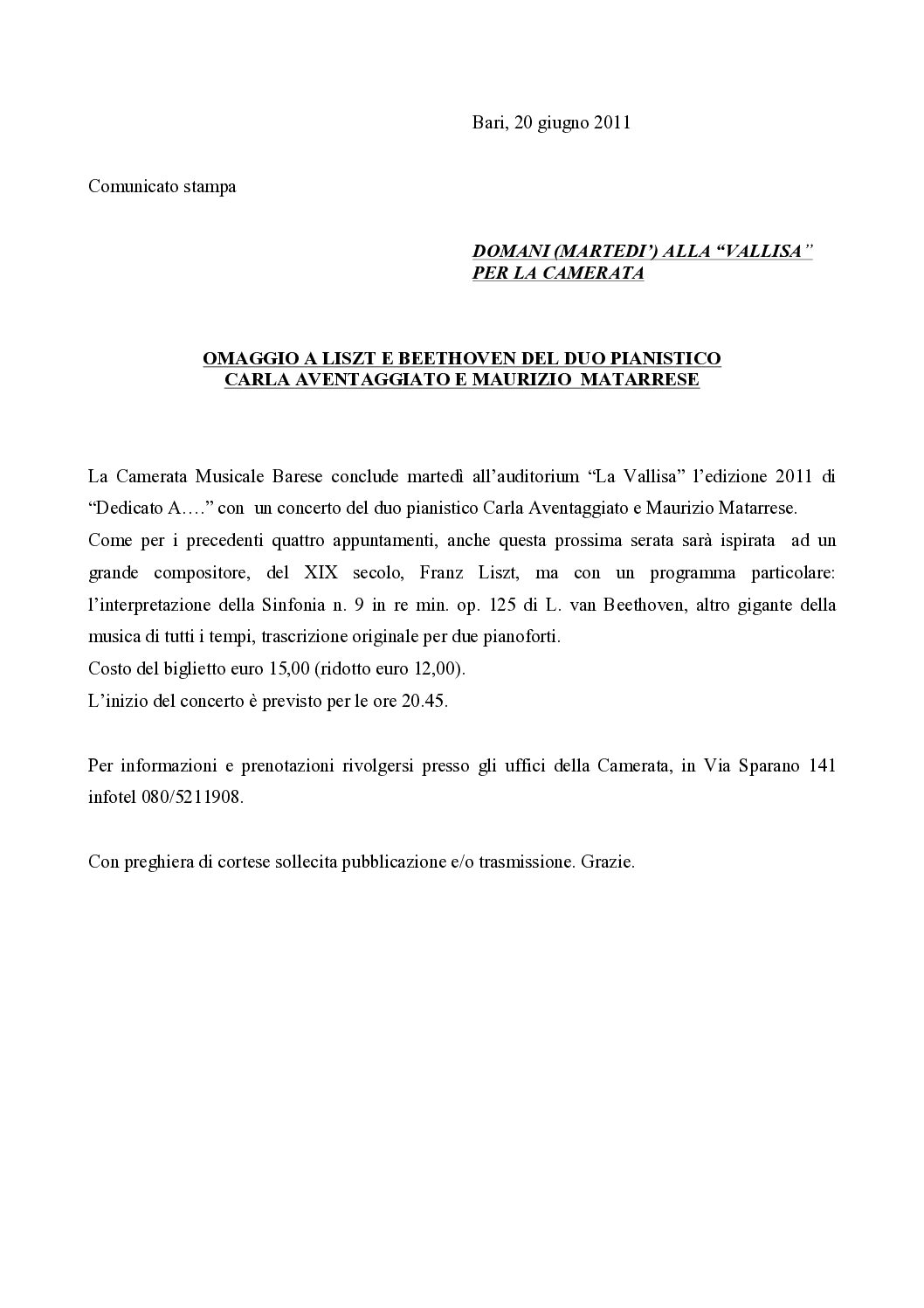 OMAGGIO A LISZT E BEETHOVEN DEL DUO PIANISTICO CARLA AVENTAGGIATO E MAURIZIO MATARRESE