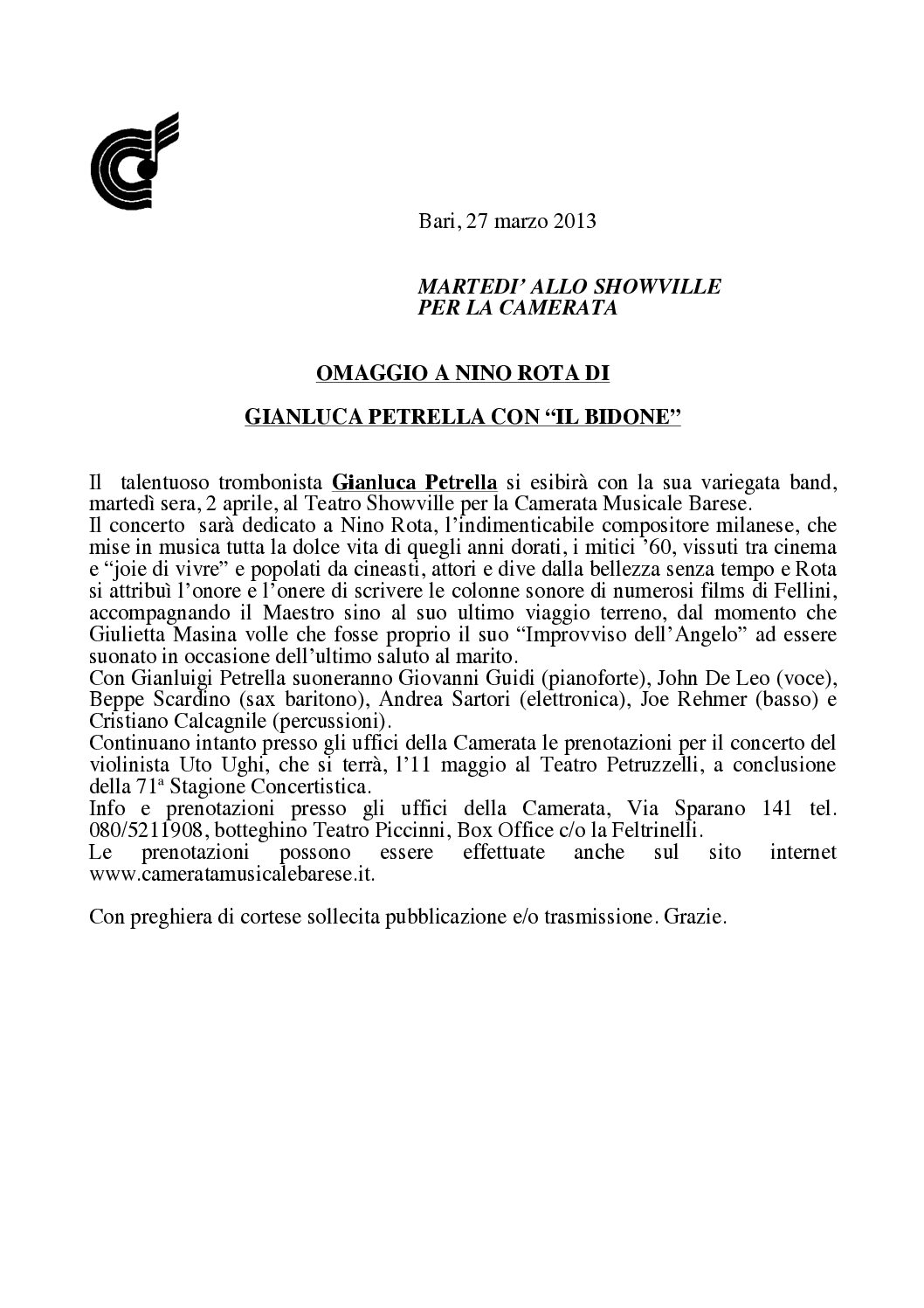 OMAGGIO A NINO ROTA DI GIANLUCA PETRELLA CON “IL BIDONE”
