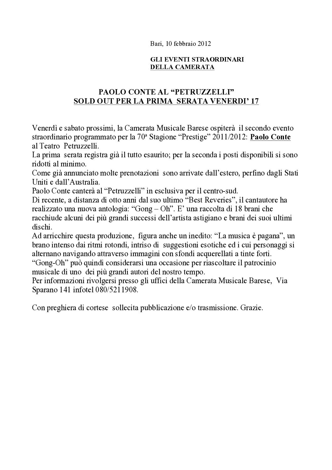 PAOLO CONTE AL “PETRUZZELLI” SOLD OUT PER LA PRIMA SERATA VENERDI’ 17