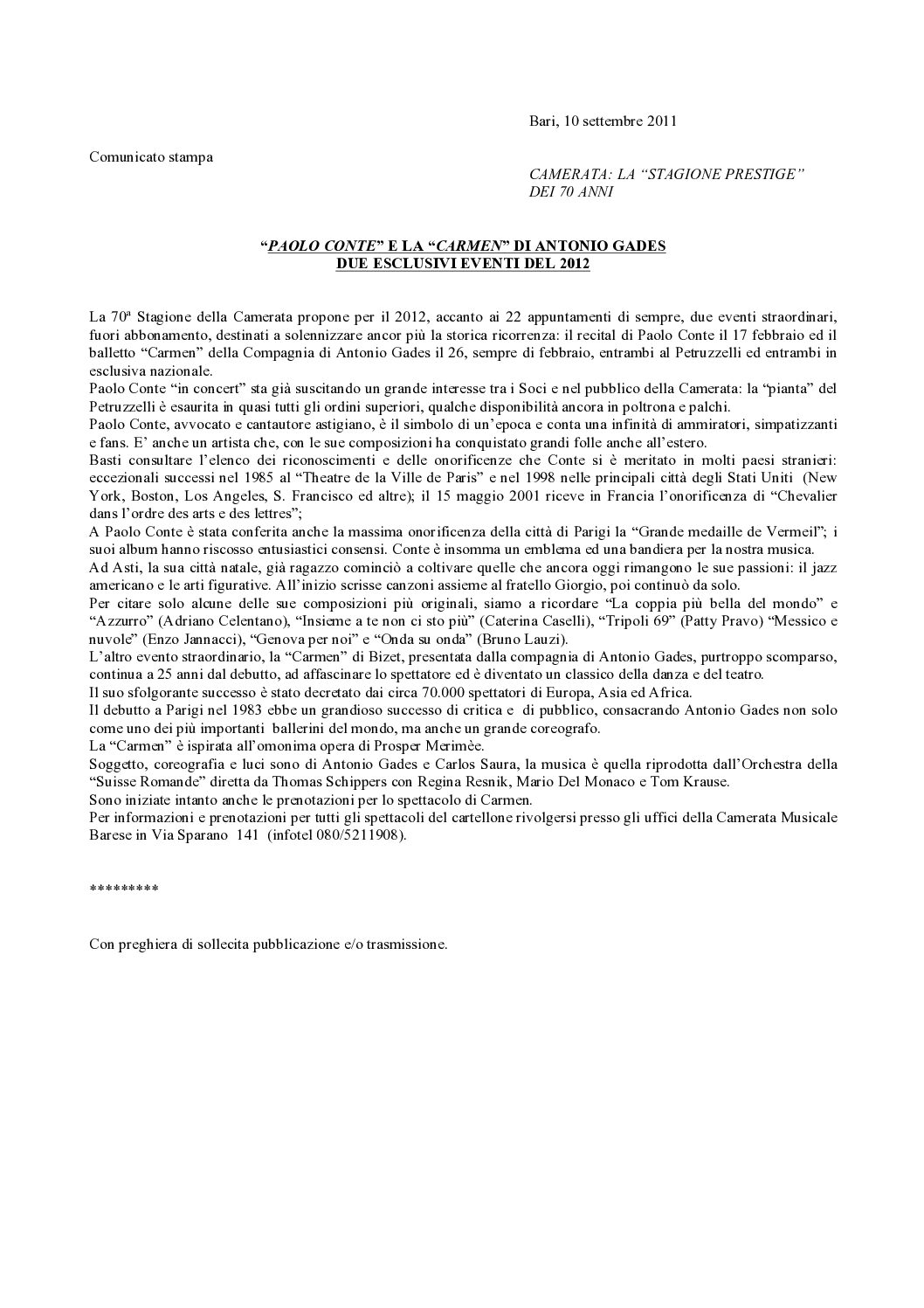 “PAOLO CONTE” E LA “CARMEN” DI ANTONIO GADES DUE ESCLUSIVI EVENTI DEL 2012
