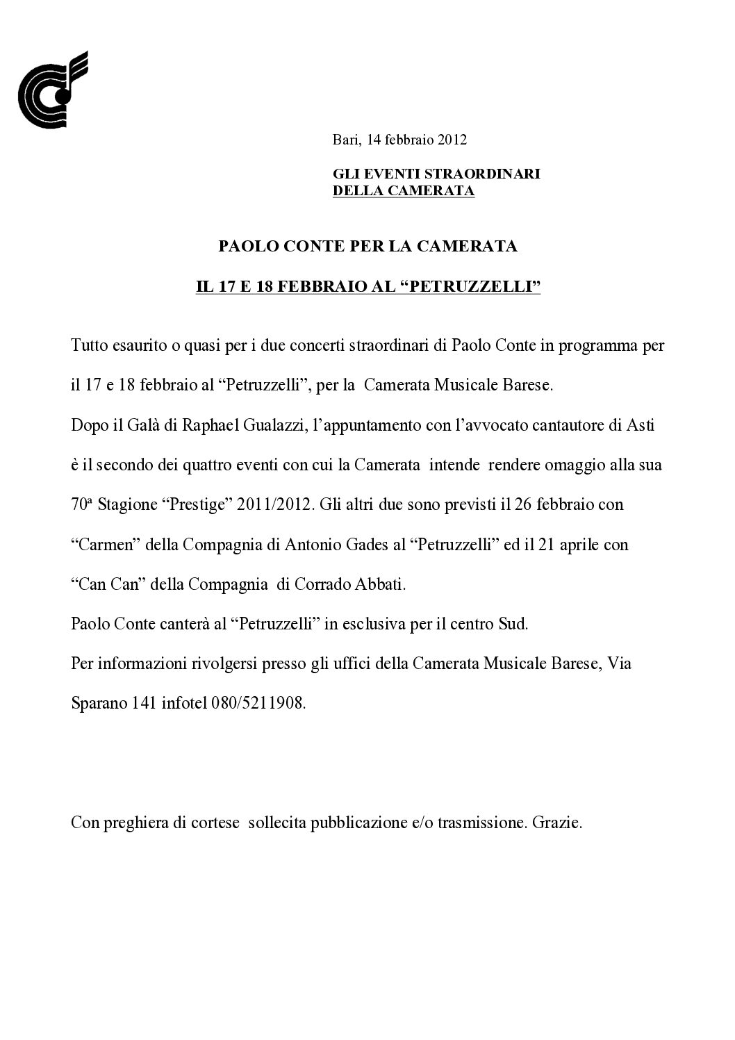 PAOLO CONTE PER LA CAMERATA IL 17 E 18 FEBBRAIO AL “PETRUZZELLI”