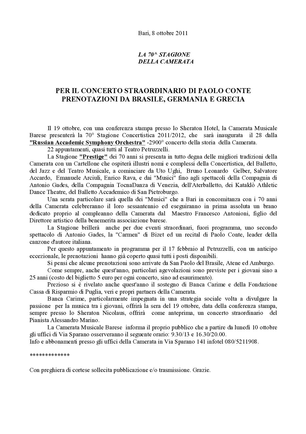 PER IL CONCERTO STRAORDINARIO DI PAOLO CONTE PRENOTAZIONI DA BRASILE, GERMANIA E GRECIA
