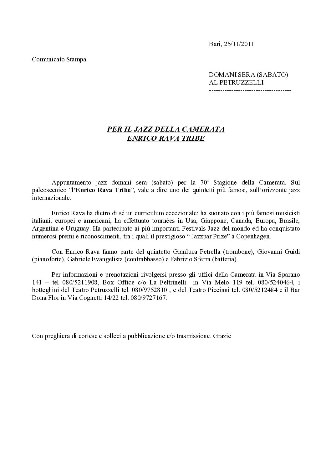 PER IL JAZZ DELLA CAMERATA ENRICO RAVA TRIBE