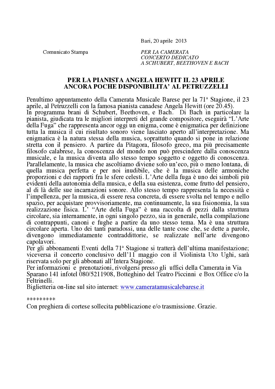 PER LA PIANISTA ANGELA HEWITT IL 23 APRILE ANCORA POCHE DISPONIBILITA’ AL PETRUZZELLI