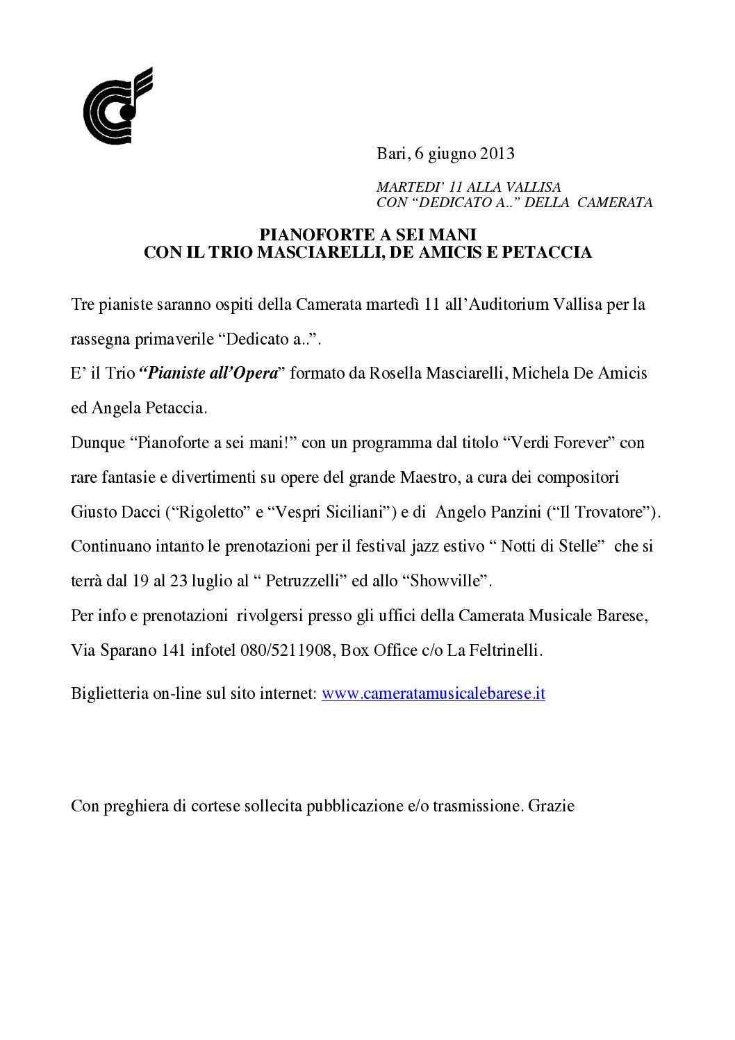 PIANOFORTE A SEI MANI CON IL TRIO MASCIARELLI, DE AMICIS E PETACCIA