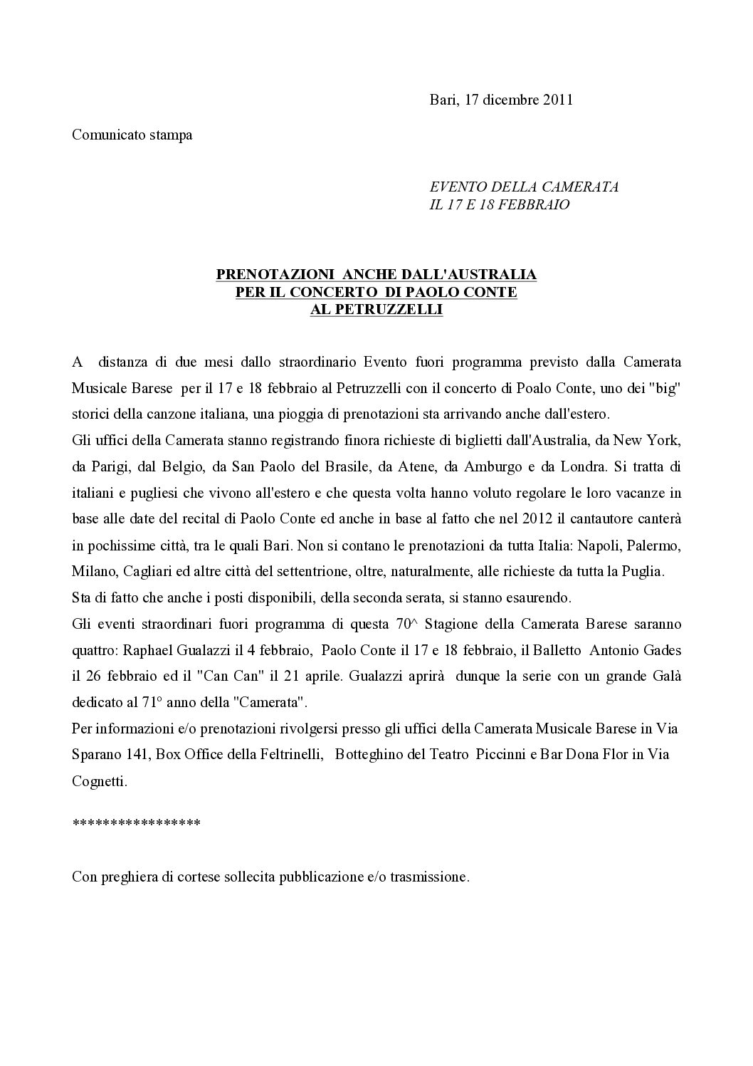 PRENOTAZIONI ANCHE DALL'AUSTRALIA PER IL CONCERTO DI PAOLO CONTE AL PETRUZZELLI