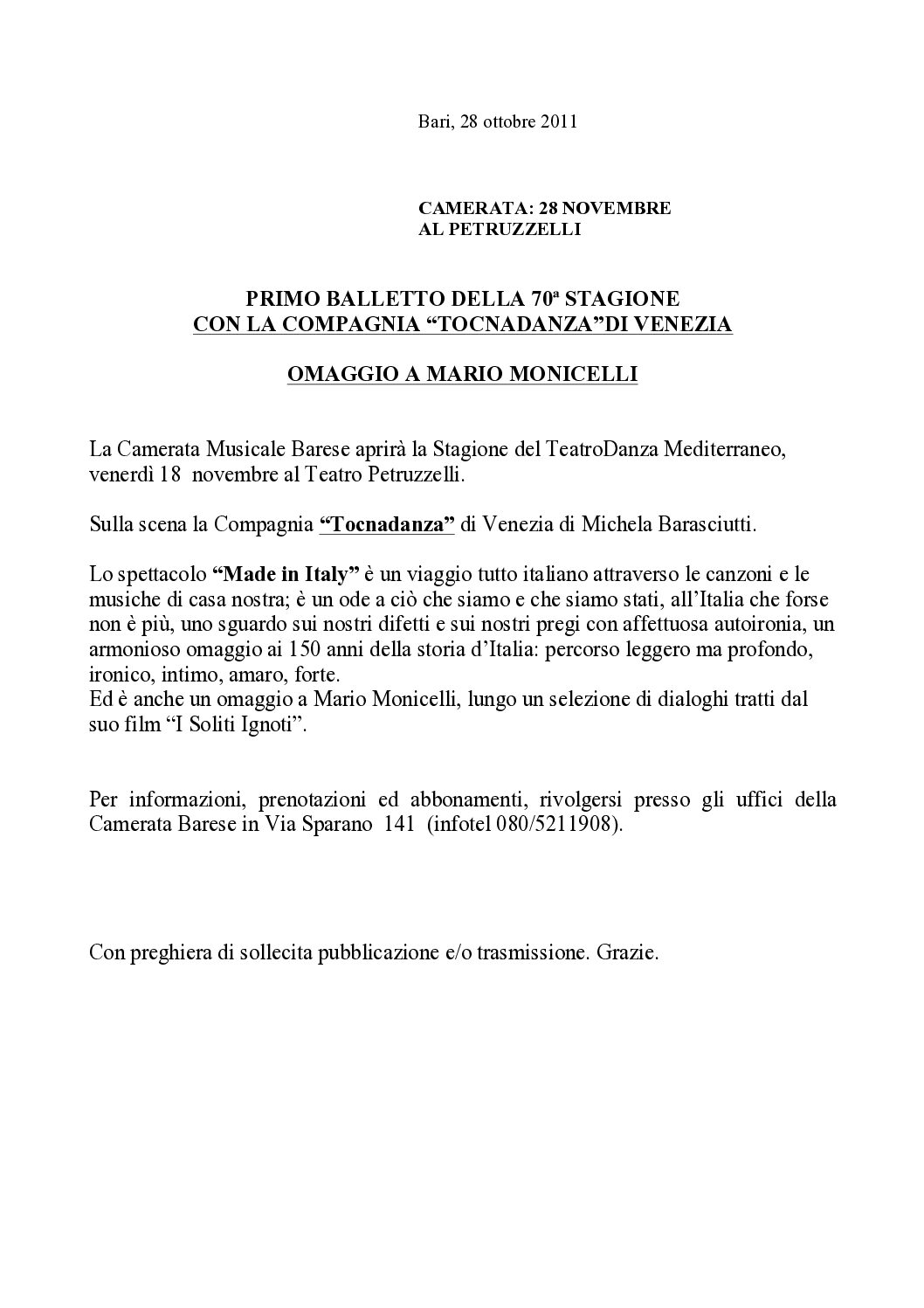 PRIMO BALLETTO DELLA 70ª STAGIONE CON LA COMPAGNIA “TOCNADANZA” DI VENEZIA OMAGGIO A MARIO MONICELLI