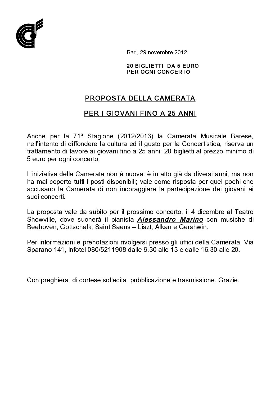 PROPOSTA DELLA CAMERATA PER I GIOVANI FINO A 25 ANNI