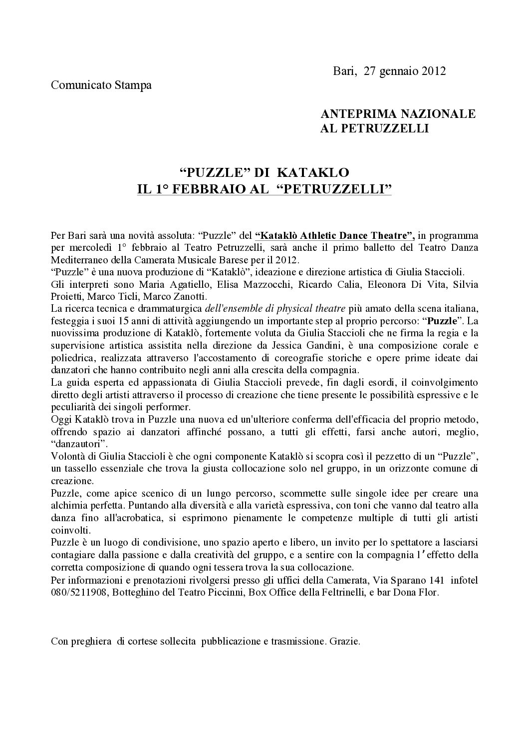 “PUZZLE” DI KATAKLO IL 1° FEBBRAIO AL “PETRUZZELLI”