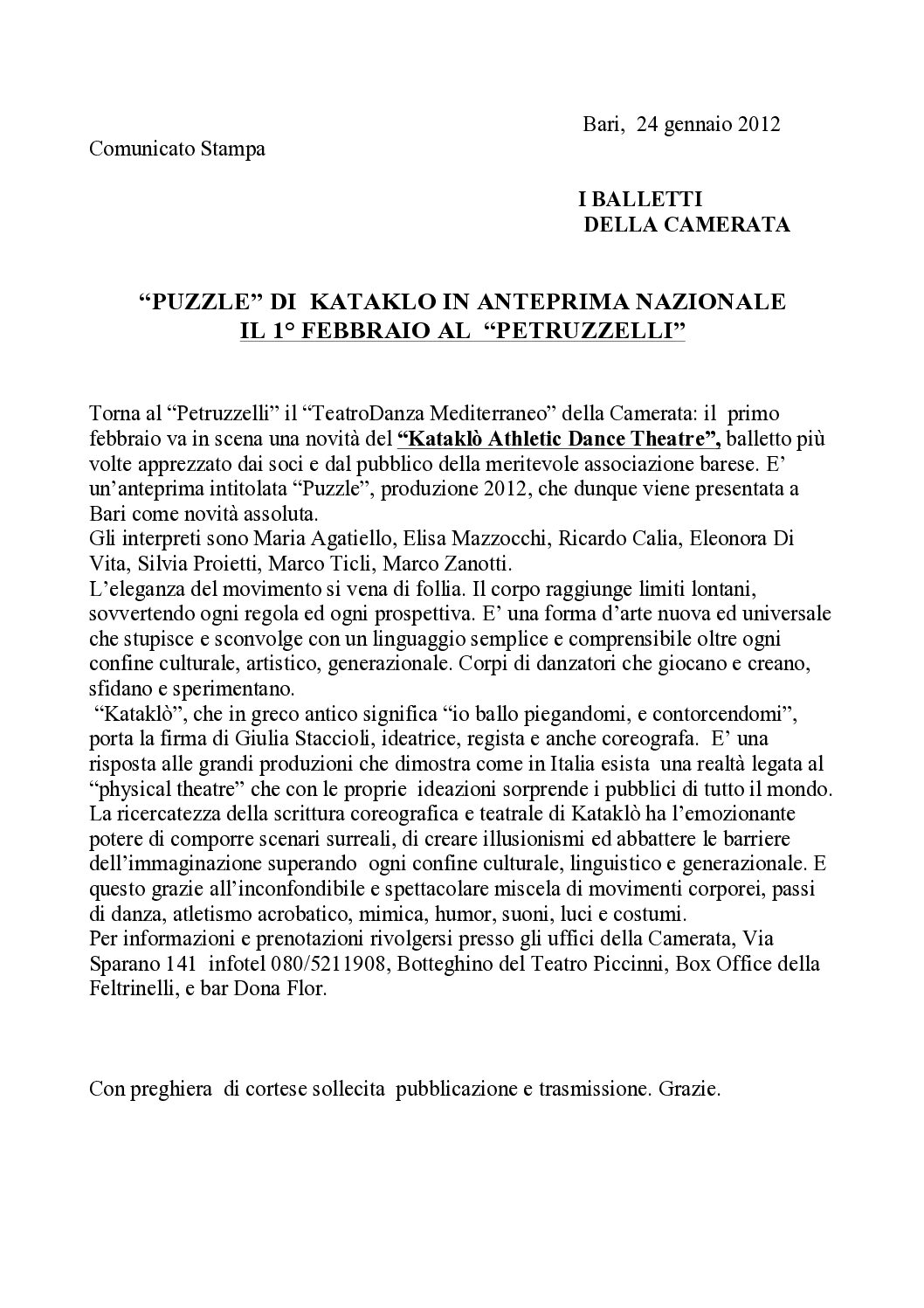 “PUZZLE” DI KATAKLO IN ANTEPRIMA NAZIONALE IL 1° FEBBRAIO AL “PETRUZZELLI”